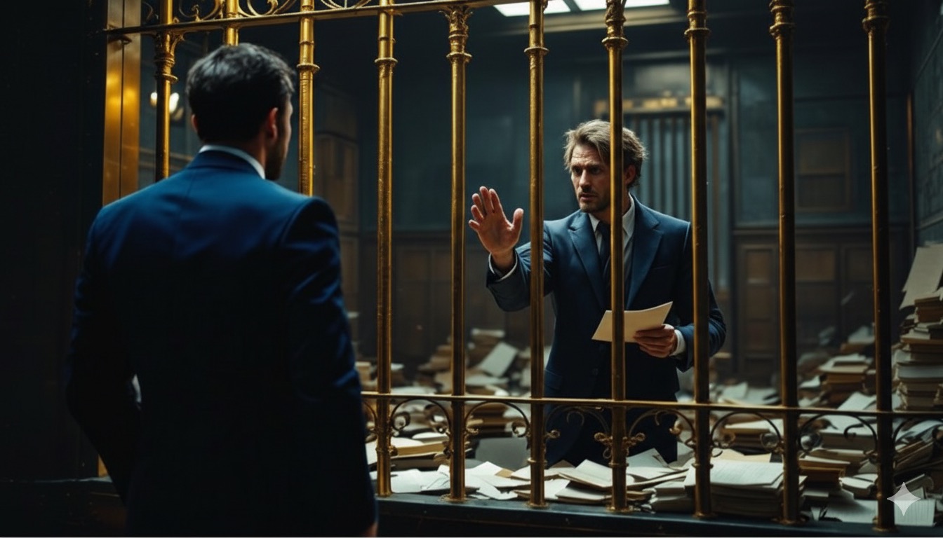 Professional entrepreneur behind golden bars representing the golden cage of operational chaos and business growth constraints